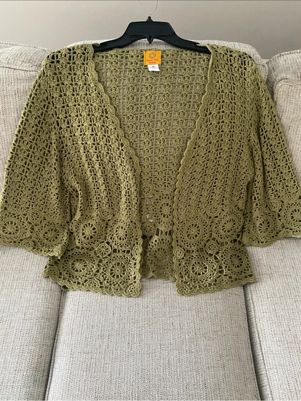 Ruby Rd. Olive Green Crochet Open-Front Shrug